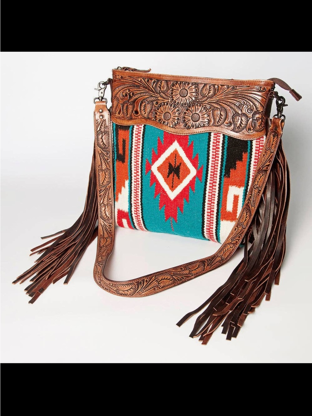 American Darling Turquoise Red Brown Aztec Fringe Crossbody Bag